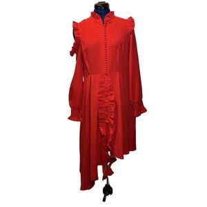 Stylekeepers Sweet Escape Dress Sz M Red Asymmetrical Long Sleeve Ruffled Dress